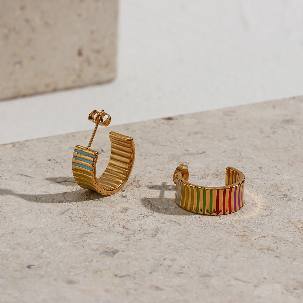 

2021 Summer New Design Horizontal Stripes Enamel Hoop Earring Wide Colorful Gold Plated Tarnish Free Chunky Hoops For Women