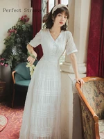 high quality vintage 2021 summer new arrival best selling v collar collect waist short sleeve women long dress white