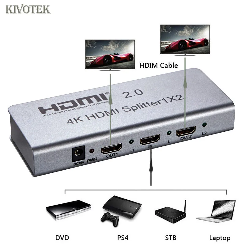 Разветвитель HDMI 1X2 4K разветвитель 1 в 2 выхода 4K/60 Гц 3D HDMI2.0 HDCP2.2 8 каналов управления