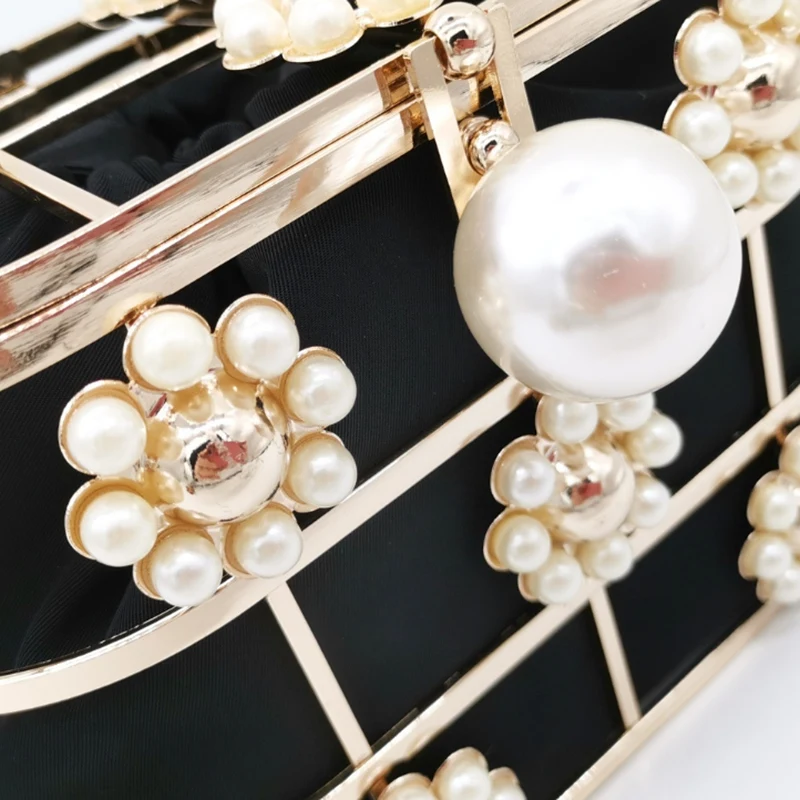 

Synthetic Pearl Top-Handle Women Metal Bucket Bag Crystal Evening Purses and Clutches Formal Wedding Handbags