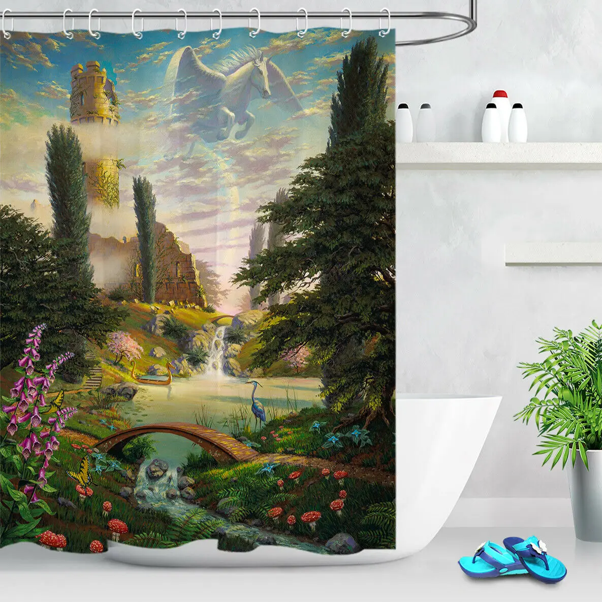 

Bathroom Polyester Fabric Shower Curtain Set Fairytale World Pegasus Lake Garden