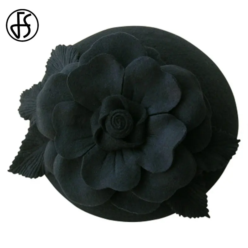 FS Wool Felt Fall Hats For Women Fascinators Royal Blue Wedding Elegant Black Pillbox Hat With Flower Ladies Party Derby Hats