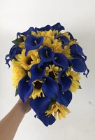 2021 new arrival gold yellow sunflowers bridal bouquet royal blue calla lilies cascading ramo de novia boda bouquet mari%c3%a9e