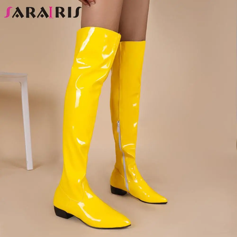

2021 Autumn Mature Sexy Women Thigh Boots Chunky Low Heels Pu Patent Leather Over The Knee Booties Brand Party Fashion Shoes