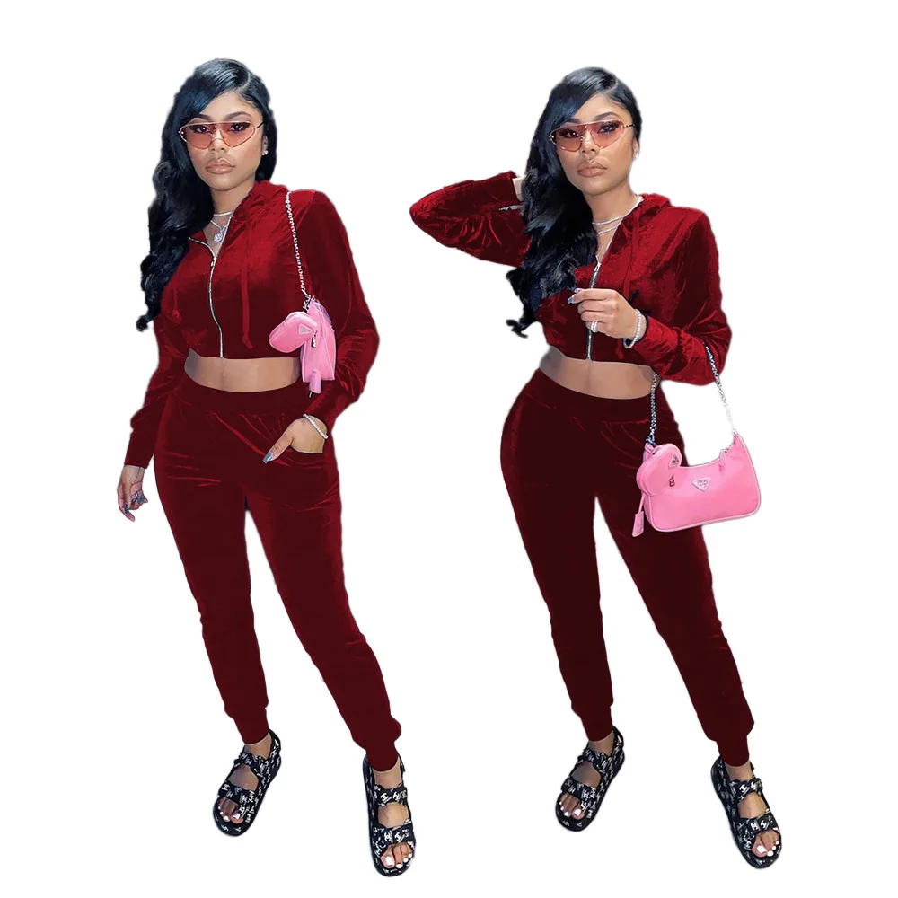 

Velvet Two Piece Set Women Tracksuit Autumn Winter Velour Suits Long Sleeve Hooded Crop Jackets+pockets Jogger Sweatpant Outfit