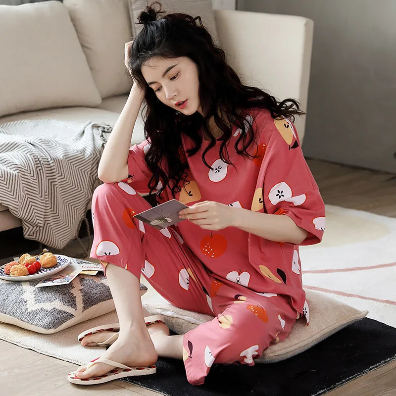 

Women Pajamas Set Spring Summer New Thin Apple Printed Pattern Short Sleeve Cute Sleepwear Casual Homewear Female Pyjamas