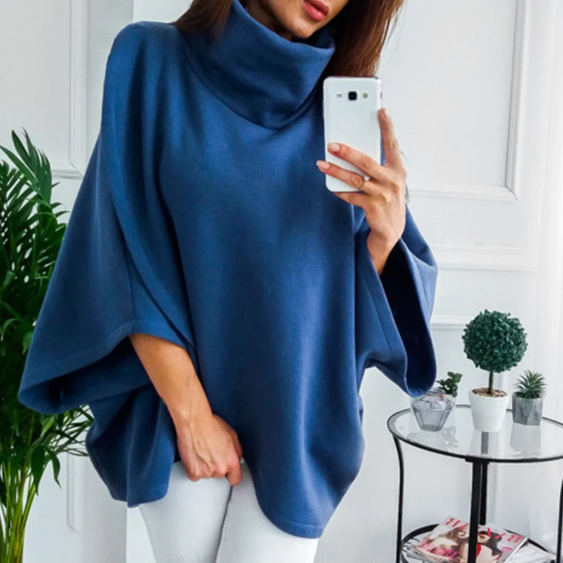 Lady's Sweater Casual Knitted Turtleneck Cloak Batwing Sleeve Solid Color Elegant Autumn Winter for Women AEHQ092 |