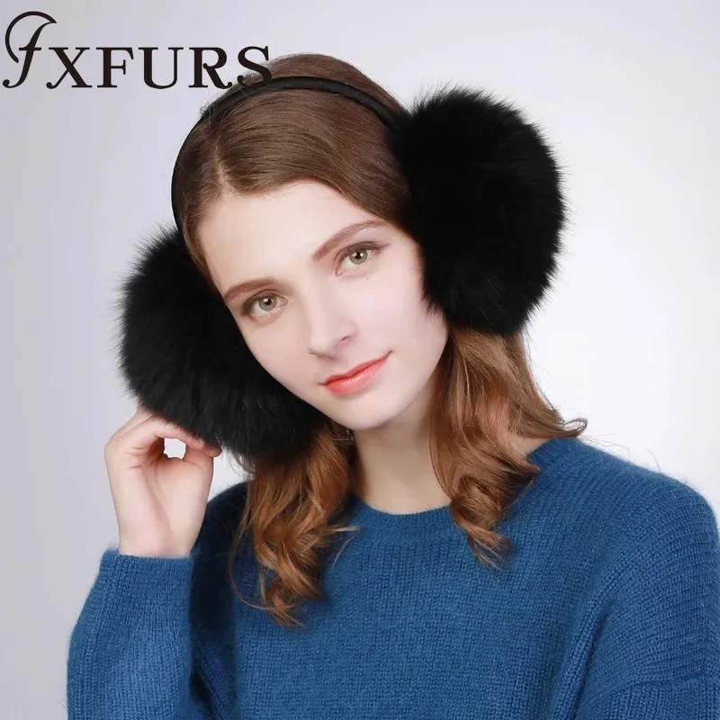 FXFURS новые модные милые объемные наушники из лисьего меха теплые меховые наушники из натурального меха с кожаной полкой для женщин защита для ушей зима