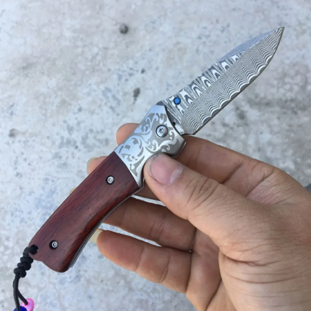 Складной нож дамасское лезвие желтая ручка из сандалового дерева выживание