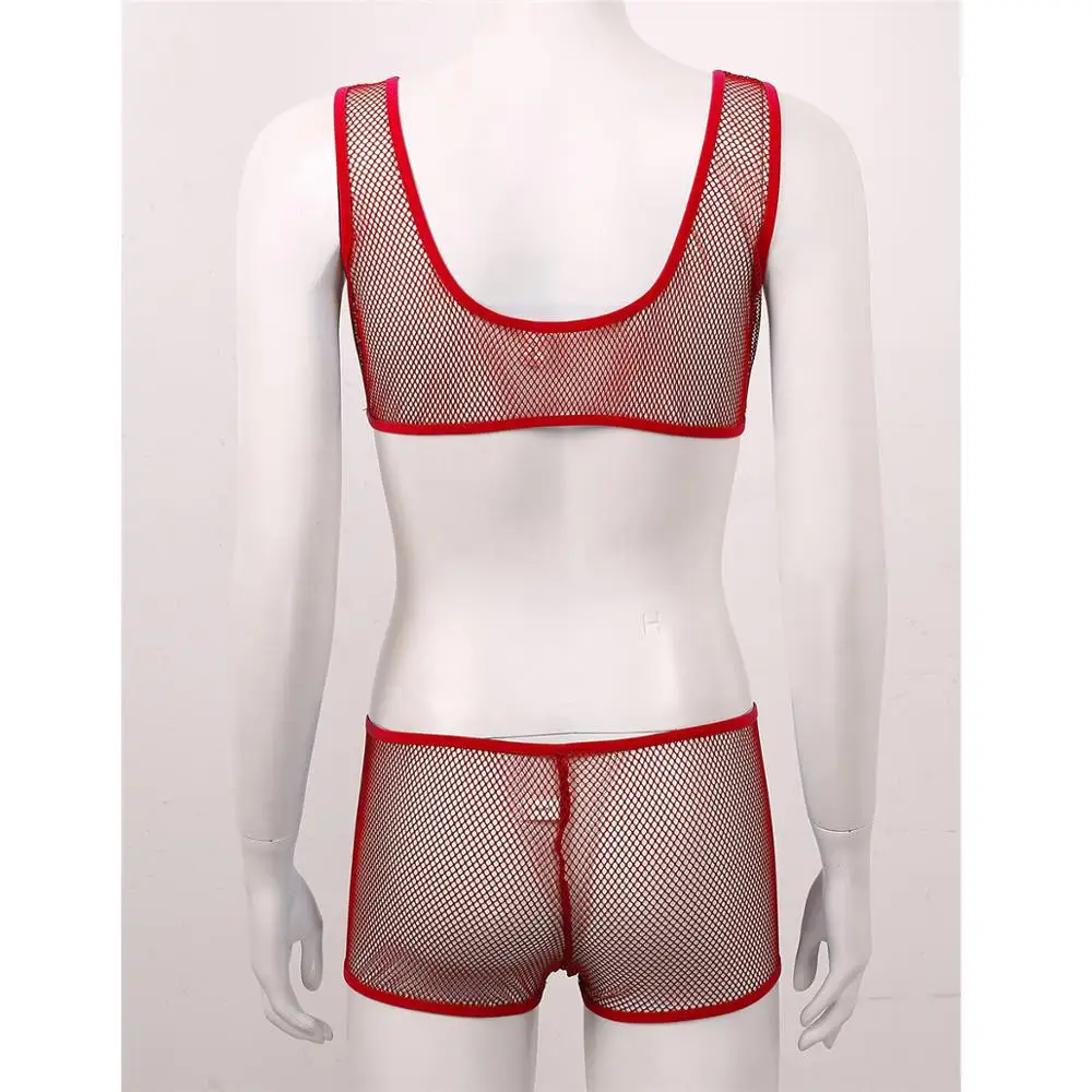 

2Pcs Women See Through Fishnet Lingerie Exotic Set Deep U Neck Sleeveless Vest Crop Top Elastic Hot Pants Female Sexy Intimates