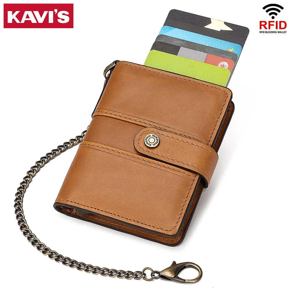 

KAVIS 2021 New Men Crazy Horse Leather Wallet Aluminum RFID Pocket Mini Wallet Card holder Blocking Automatic Pop Up Coin Purse