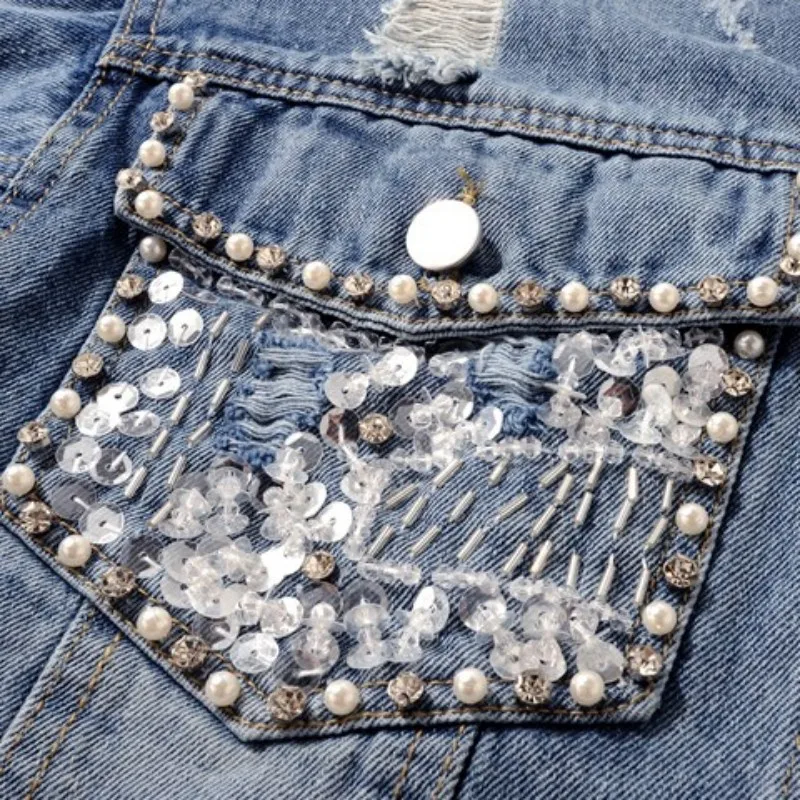 

Fashion Diamond Beading Ripped Hole Denim Coat Women Spring Loose Short Outerwear Street Blue Single Breasted Cowgirl Jacket