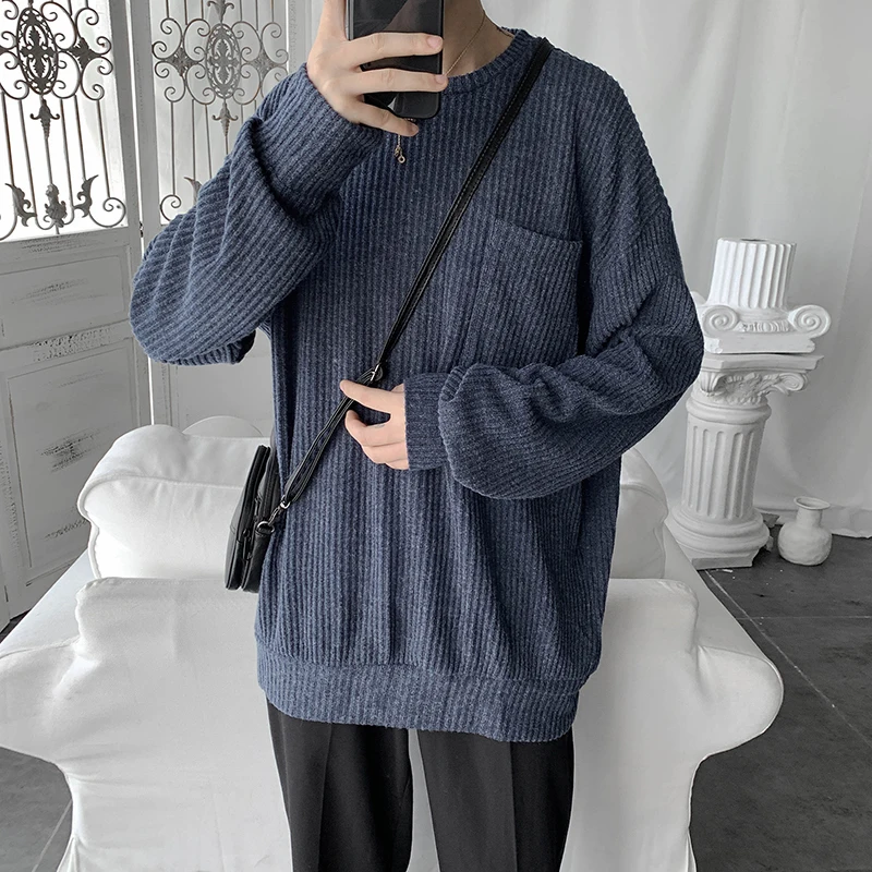 Мужской свитер теплый модный однотонный Повседневный круглый вырез вязаный