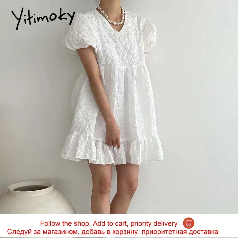 

Yitimoky Simple Women Dresses V-Neck Puff Sleeve 2021 Summer Korean New Ruched Loose Waist Zipper White Green Black Short Dress