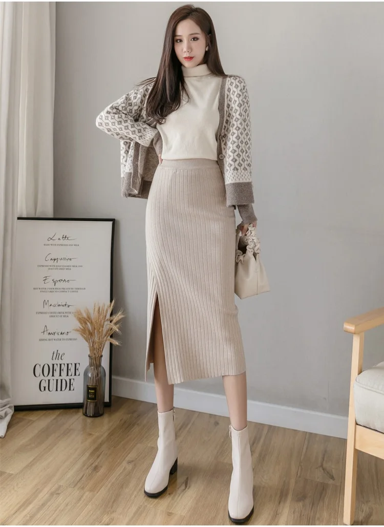 

New high waisted black skirt with side slit hip skirt was thin woolen knitted skirt female autumn and winter mid-length