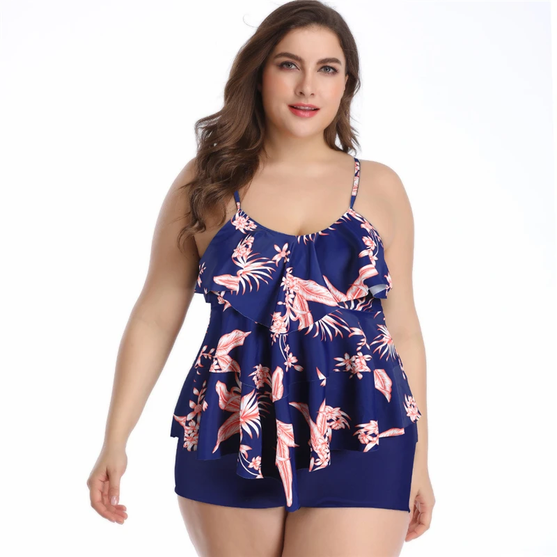 

Plus Size Bikini Set 2021 Hot Selling Spaghetti Strap Three Layers of Flounce Printing Floral Bathing Suit for Women