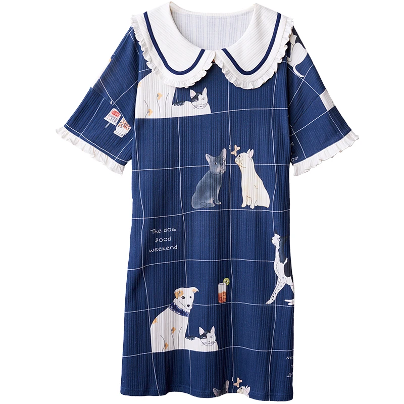 

Women Dresses Short Sleeve Cotton Nightdress Loose Casual Homewear Cute Cartoon Animal Sleepwear Kawaii Doll Collar Sleep Dress