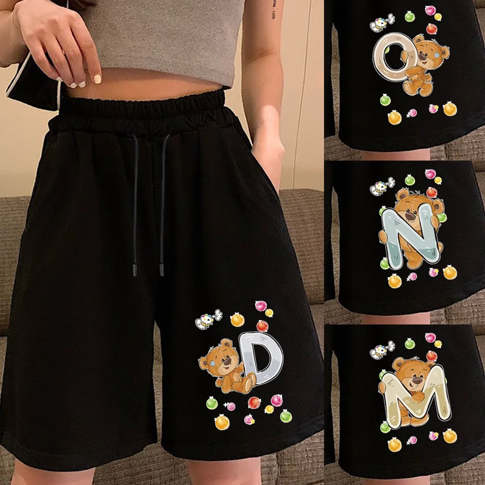 

2022 Shorts Women Loose Pockets High Waist Female Fashion Bear Letter Printed Lastic Waist Drawstring Fitness Breathable Shorts