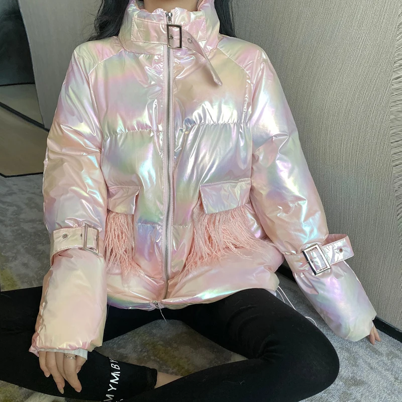 PERHAPS U Women Causal Winter Glossy Tie-Dye Spliced Stand Colar Pleated Slim Motorcycle Down Jacket Cotton Padded Jacket C3029