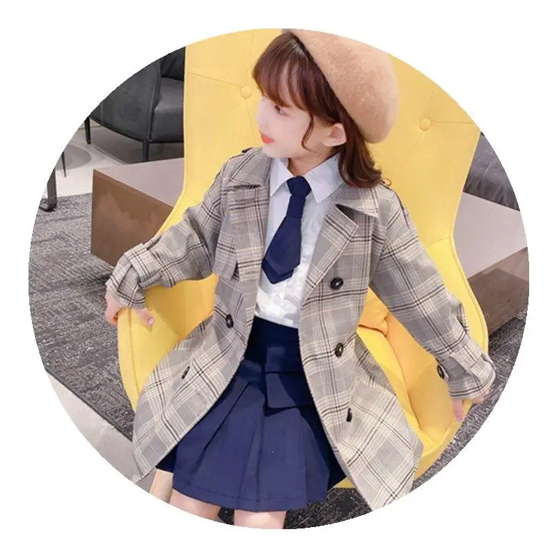 

2021 New Spring Autumn Girls Three-breasted Fashion British Style Windbreaker