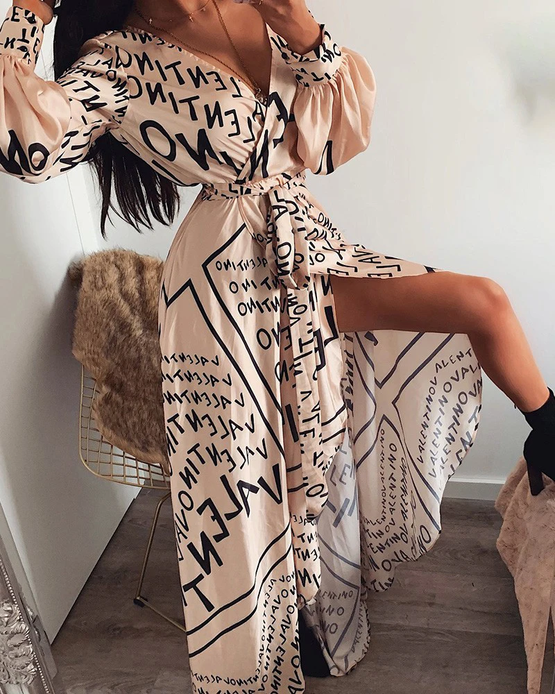 Women Hot Letter Print Boho V-neck Long Dress Spring Summer Autumn Slit Maxi Beach Robe Femme Casual Loose Dresses | Женская одежда
