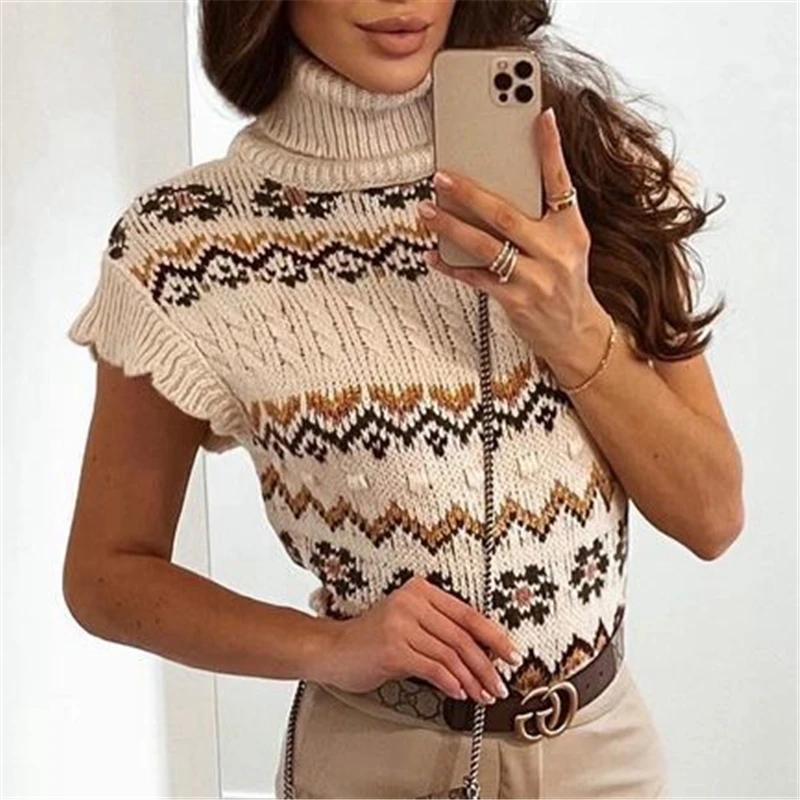 

Женский жаккардовый свитер ZXQJ, винтажный трикотажный свитер с геометрическим узором и высоким воротником, 2021