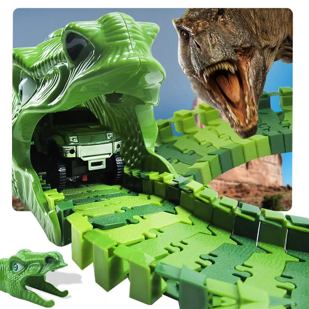 153pcs Diy Assemble Jurassic Dinosaur Race Track Set Racing Train Electric Car Model Building Block | Игрушки и хобби