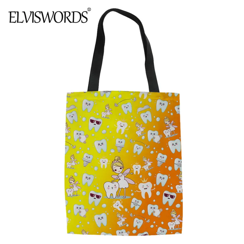 

ELVISWORDS Gradient Color Teeth Nursing Dentist Pattern Casual Shopping Tote For Lady Durable Linen Shoulder Handbag Foldable