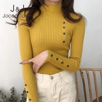 jocoo jolee women autumn winter solid knitted pullover casual button turtleneck sweater female slim knit tops warm slim sweater