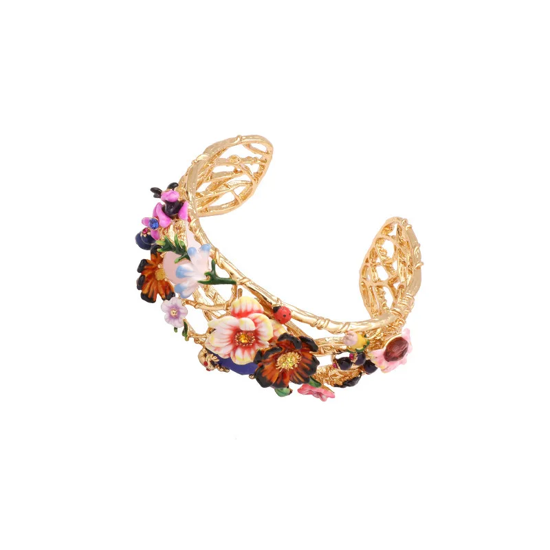 

Hand Painted Enamel Flower Bracelet Crystal Bangles G old-plated Cuff Hollow Bangles for Woman Jewelry Charm Femme Bijoux
