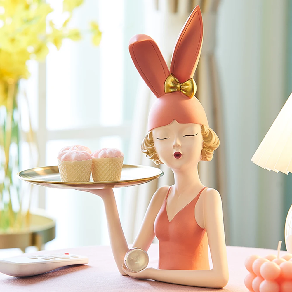 

Nordic Resin Sculpture Rabbit Ears Girl Statue Metal Tray Storage Debris Fruit Tray Modern Home Decor Living Room Decor Gifts