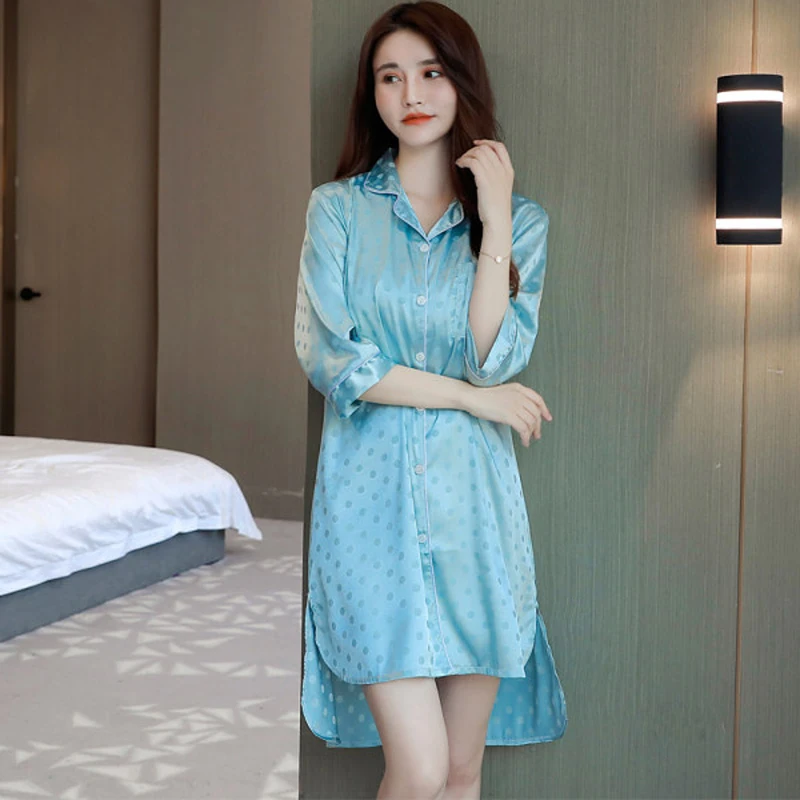 

New Summer Silk Satin Women Pajamas Set Solid Color Nightgown Sexy Girls Lapel Shirtdress Casual Sleepwear Soft Homewear Suit