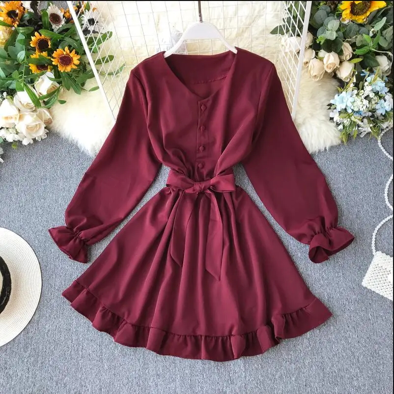 2019 Новое весенне осеннее однотонное платье с v образным вырезом и длинными