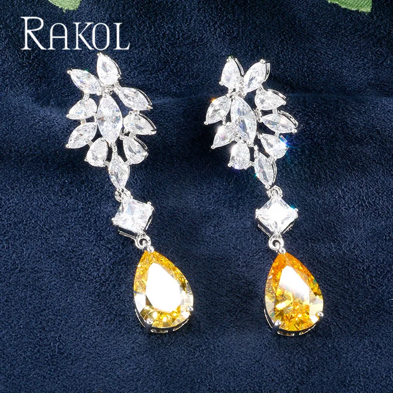 Женские блестящие висячие серьги RAKOL с синими каплями циркония AAA модные