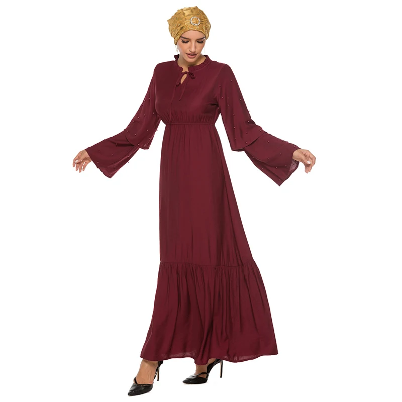 мусульманское платье Женская мода гофрированные рукава вышитое бисером