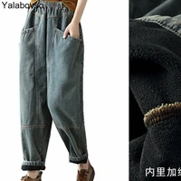 elastic waist thicked warm cowboy jeans feminino female new arrivals used winter pants washed denim trousers with velvet