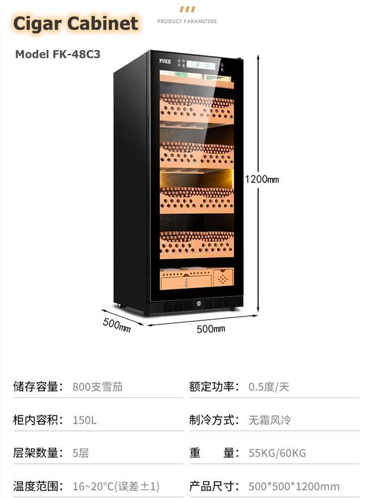 

FK-48C3 Cedar Wood Shelf Cigar Moisturizing Cabinet Cigarettes Box Homidor Home Office Luxury Design Black Tempered Glass Door