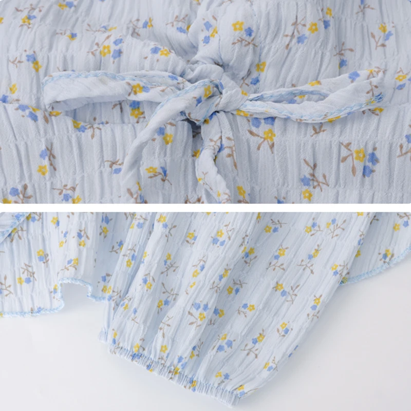 

Women Blouses V-neck Floral Lace-up Sweet Girls Chiffon Elegant Tender Tops Outwear Slim Designs Trendy Pleated Womens Blouse