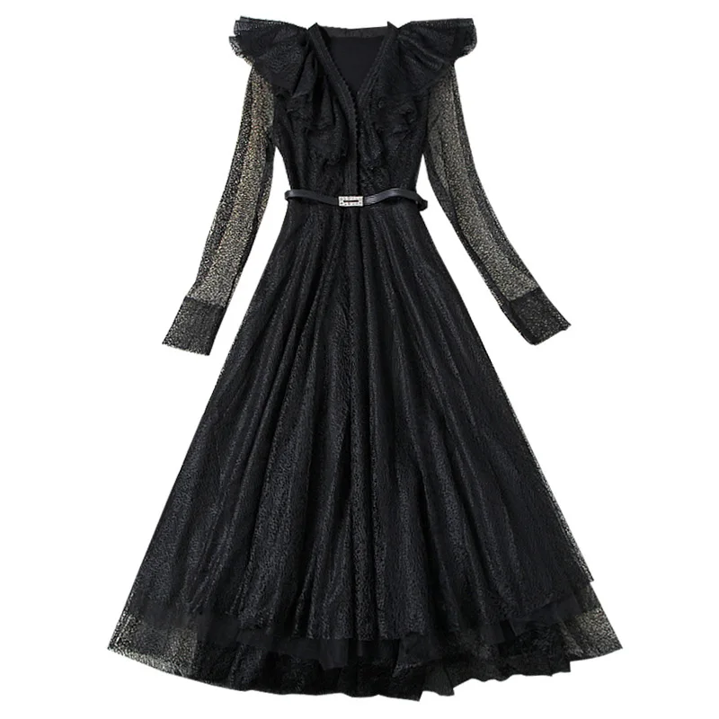 

Seifrmann Summer Women Fashion DesignerParty A-Line Dress Sexy V-Neck Sashes Lace Ruffles Solid Printed Ladies Midi Dresses