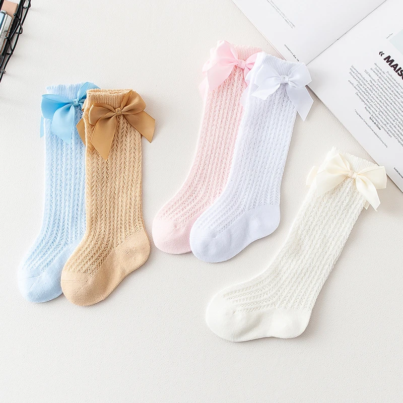 Calcetines hasta la rodilla con lazo para ni&ntilde;as peque&ntilde;as, medias s&oacute;lidas de princesa, de malla transpirable, accesorios de estilo espa&ntilde;ol-3