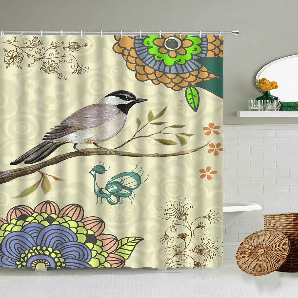 Занавеска для душа в американском стиле ретро с цветочным и птичьим узором