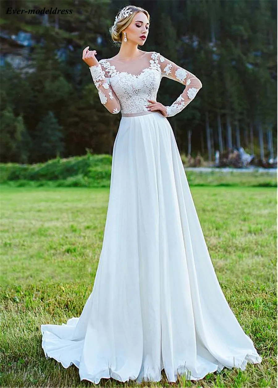 

Vestido De Noiva Beach Wedding Dresses 2019 Appliques Chiffon Sheer O-Neck Long Sleeves Bridal Gowns Bride Dress Robe De Mariee
