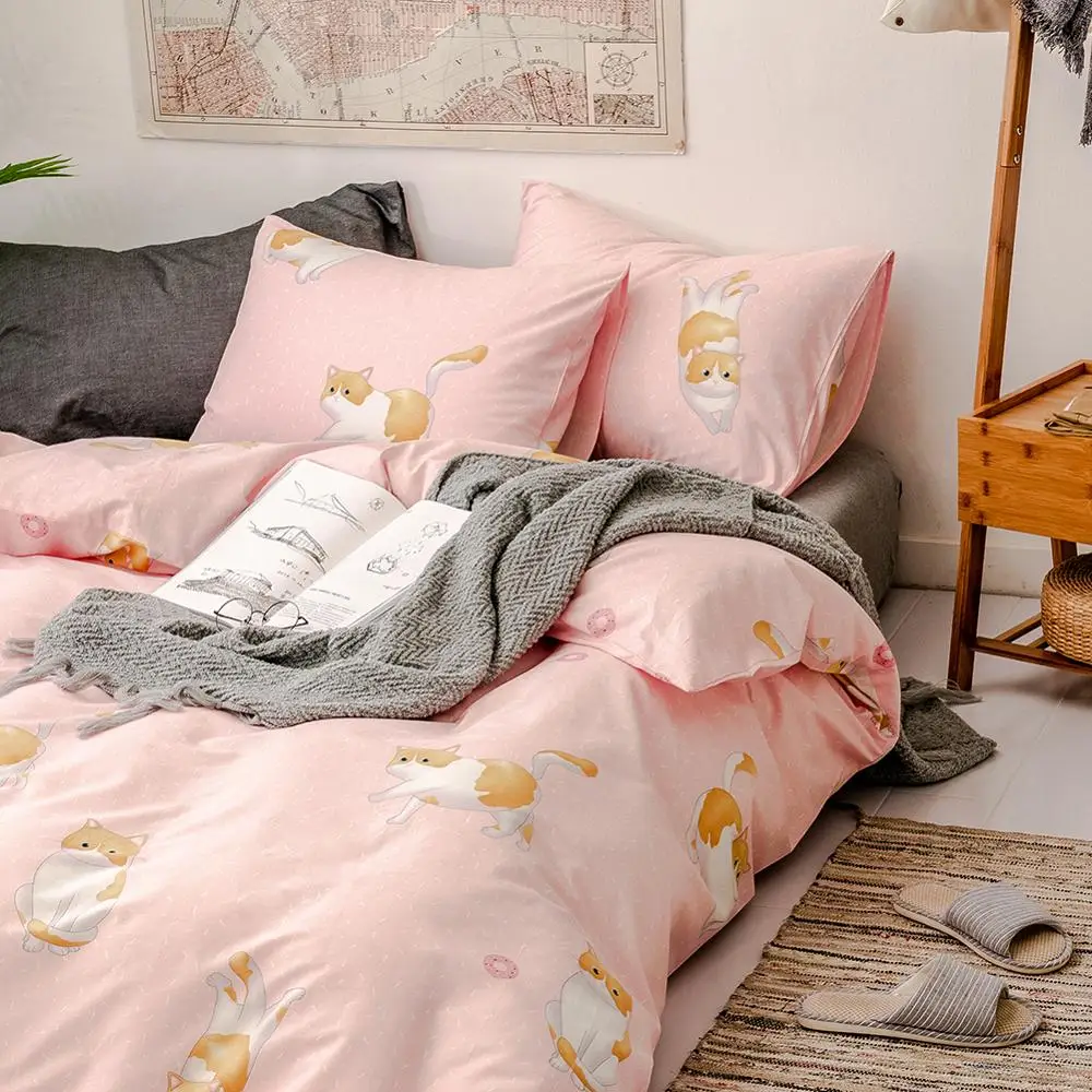 Постельные принадлежности персикового и розового цвета с принтом кота 100% хлопок