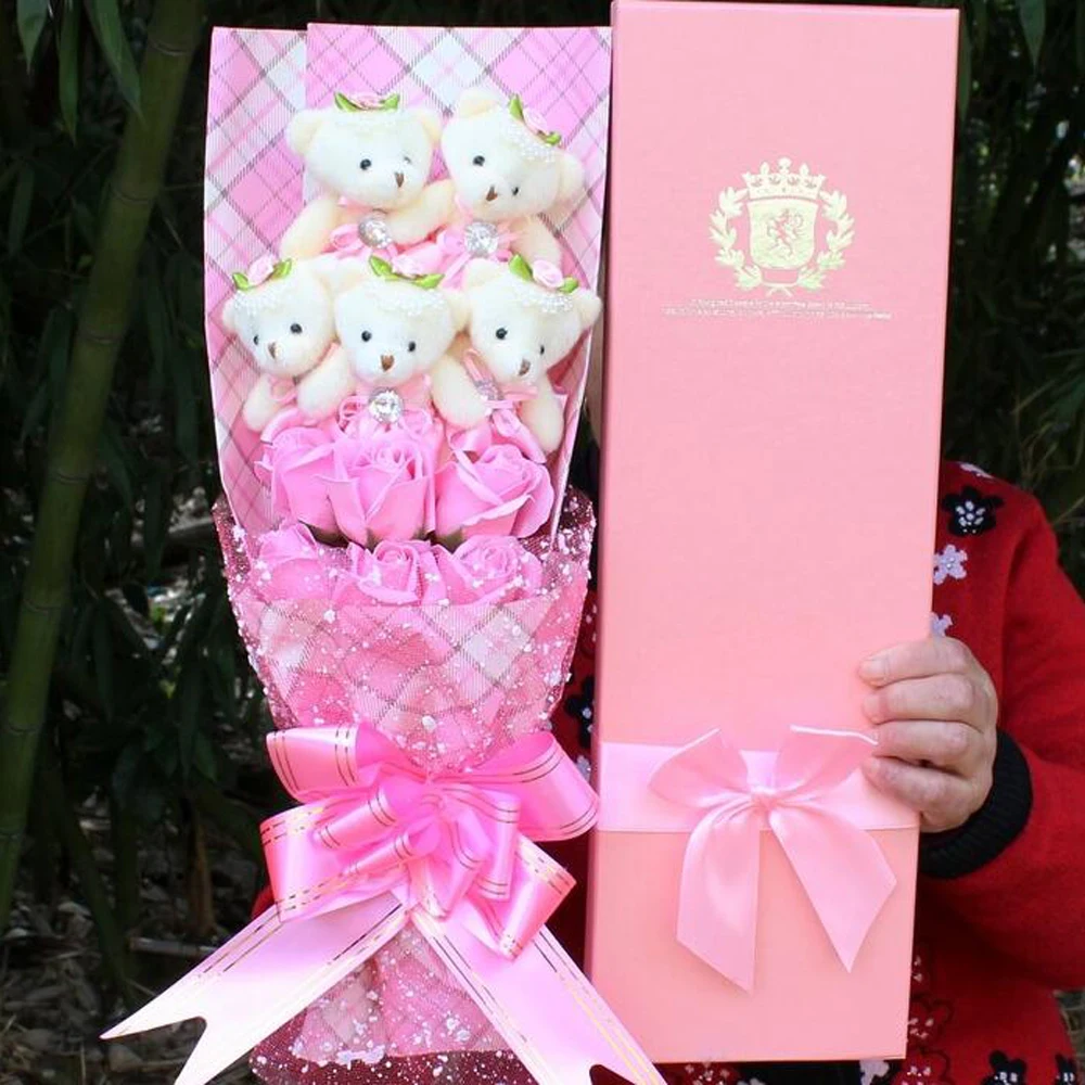 

Handicrafts Plush bear pink round flower cartoon plush bouquet Valentine's Day birthday Gifts round flower