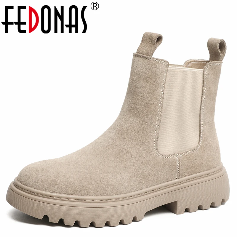 

FEDONAS 2022 Autumn Winter Basic Women Ankle Boots Cow Suede Concise Working Casual Thick Heels Platforms Round Toe Shoes Woman