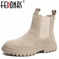 fedonas 2021 autumn winter basic women ankle boots cow suede concise working casual thick heels platforms round toe shoes woman