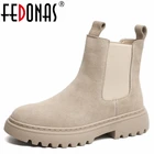 FEDONAS2021; Сезон осень-зима; Базовые женские ботильоны из коровьей замши; Выразительные рабочие повседневные туфли на толстом каблуке и платформе с круглым носком; Женская обувь