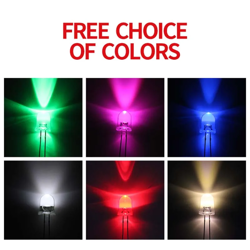 1000 шт. Led F8 / 8 мм круглая головка прозрачный длинный край ног белый красный синий