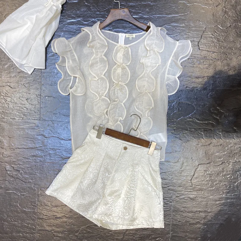 

Ear Lace Sleeve Blouse Women's 2021 Summer New Elegant Beaded Petel Sleeve Two Piece Top