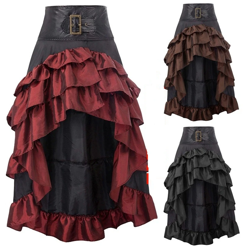 

Medieval Gothic Halloween Cosplay Skirt Victorian Front Short and Back Length Irregular Ruffled High Waist Stitching Cake Skirt